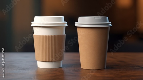 two paper coffee cups on a table photo