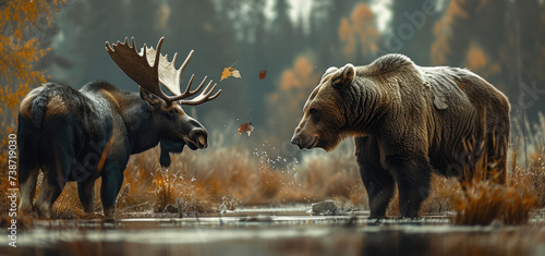 A bear on left a moose on right. Generative AI.