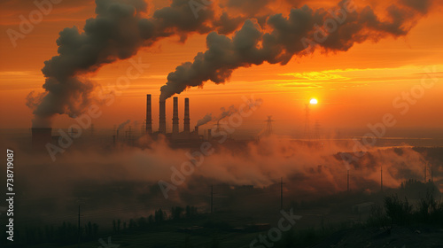 Industrial landscape dominated by towering smokestacks of a power station. Billowing clouds of smoke rise into the atmosphere, painting a stark contrast between natural beauty and industrial impact.