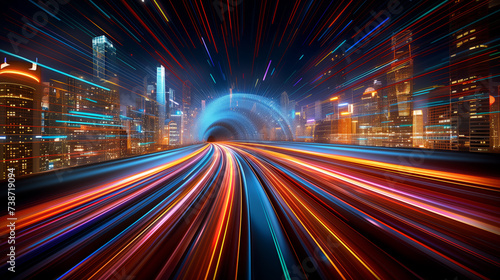 Essence of speed and motion, as vibrant light trails create an illusion of travelling at the speed of light through a futuristic cityscape.