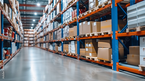 Background interior of a well-organized warehouse with tall shelves stocked with various boxes. 