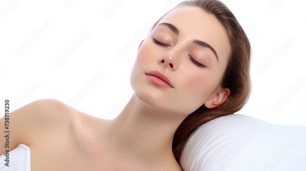Naklejka premium A solitary woman sleeping against a stark white background