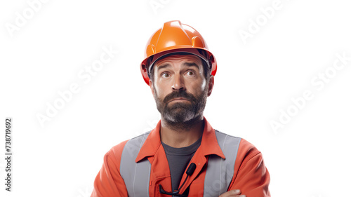 Employee with uncertainties Uncertain worker isolated against a stark white background