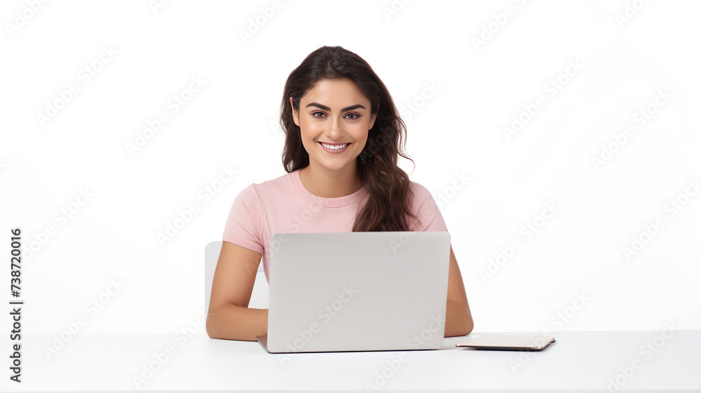 Young, self-assured woman with a grin on her face using a laptop isolated against a stark white background Young, self-assured woman with a grin on her face using a laptop isolated against a stark white background