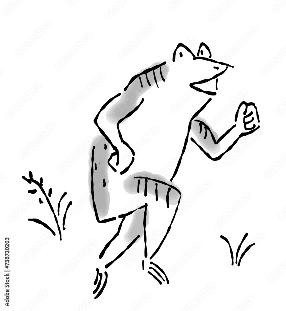 日本画(水墨画)タッチのカエルの擬人化したイラスト-走る Stock Vector | Adobe Stock