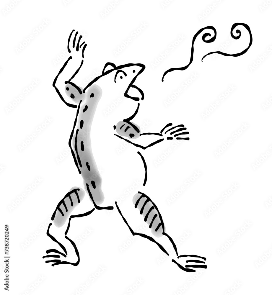 Fototapeta premium 日本画（水墨画）タッチのカエルの擬人化したイラスト-驚く