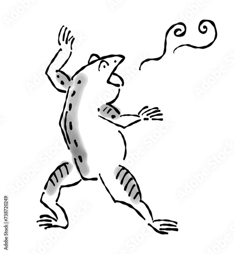 日本画（水墨画）タッチのカエルの擬人化したイラスト-驚く