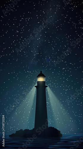 black image of a lighthouse with glowing rays among the night starry sky