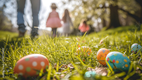 A family-friendly Easter nature walk, with families exploring a scenic trail, enjoying the beauty of nature, and connecting with each other in a serene and tranquil setting.