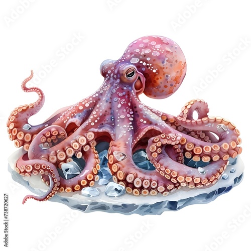 Octopus arrangement on ice, type of meat, cute cartoon, full body, watercolor illustration.