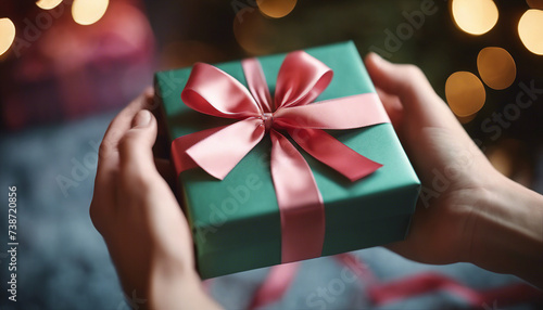Hands Presenting a Gift Box with Satin Ribbon