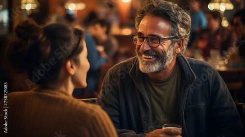 Group of creative friends having a joyful business discussion over coffee at a casual cafe photo