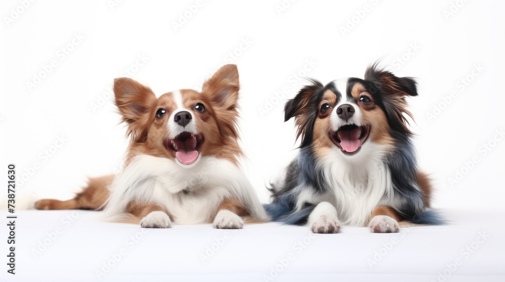 two small dogs lying together with their mouths open 