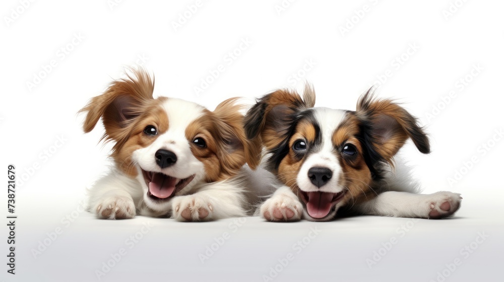 two small dogs lying together with their mouths open 