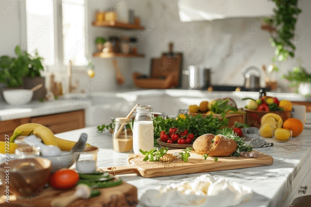 Sunlight bathes a kitchen counter filled with wholesome food including fresh herbs, bread, tomatoes, and fruit, alongside jars of milk and grains, creating an inviting space for meal prep