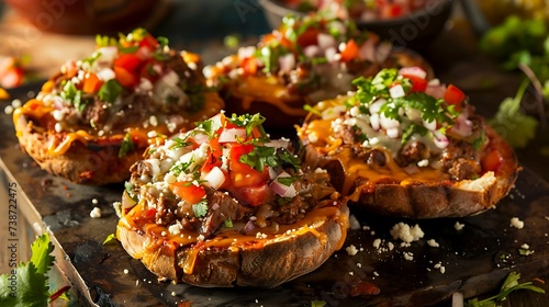 Mexican molletes open-faced sandwiches with refried beans, cheese, and salsa on toasted bolillo rolls photo