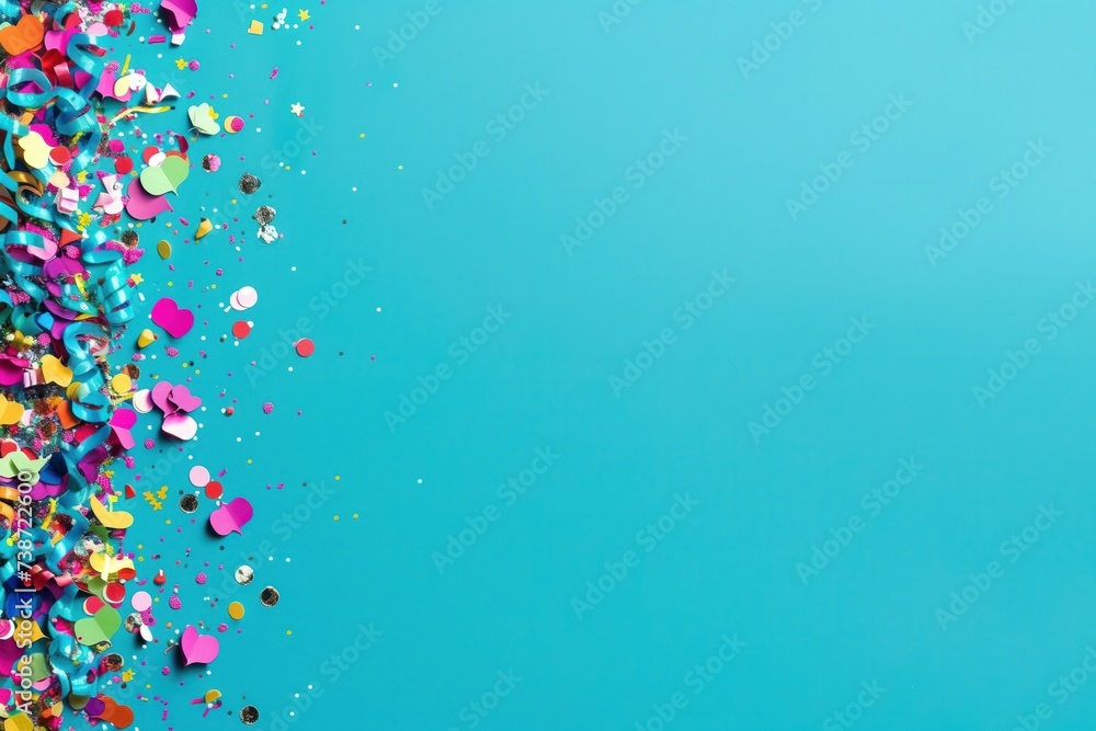 A lively explosion of colorful confetti and party decorations scattered across a vivid blue backdrop with ample copy space, perfect for festive mockups and celebratory designs A lively explosion of colorful confetti and party decorations scattered across a vivid blue backdrop with ample copy space, perfect for festive mockups and celebratory designs