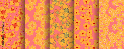orange flowers on pink background seamless pattern set. spring summer floral background illustration	