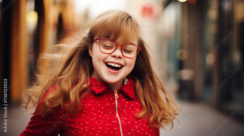 Happy girl with down syndrome. Cheerful little girl with down syndrome having fun and laughing 