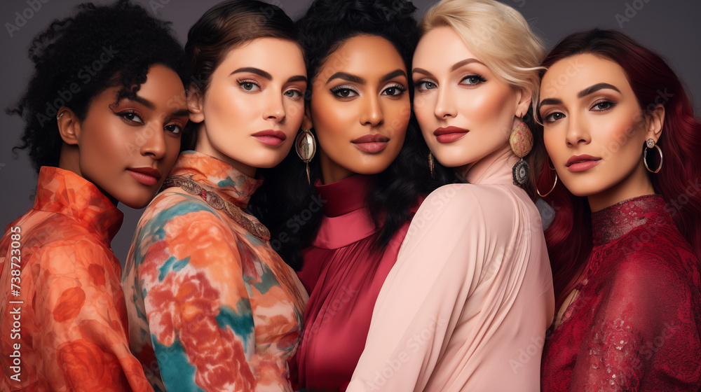 Group of multiethnic women with different kind of skin posing together in studio. Concept about body positivity and self acceptance Group of multiethnic women with different kind of skin posing together in studio. Concept about body positivity and self acceptance