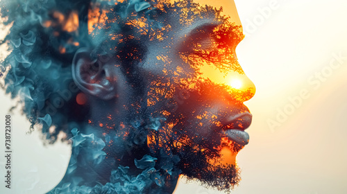 Double exposure portrait of a man combined with a trees.