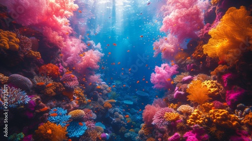 Vivid Coral Reef Teeming with Marine Life: An underwater spectacle of a vivid coral reef bursting with a kaleidoscope of colors and marine life.