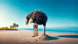 Ostrich burying its head in the sand on a serene beach with clear blue skies and palm trees in the background, conceptual take on denial and avoiding reality.