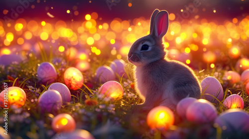 A playful Easter bunny surrounded by a field of glowing, luminescent eggs, creating a magical and enchanting scene that evokes the spirit of wonder. © alishba Lishay