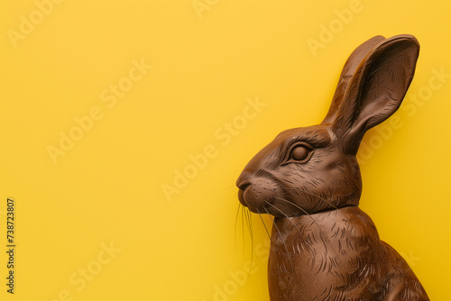 Profile view of a chocolate Easter bunny against a plain yellow background.