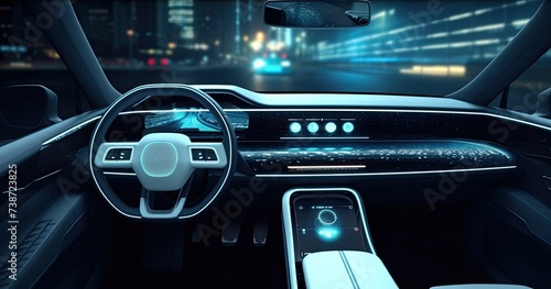 Interior of a futuristic car with electronic controls and dashboard with HUD and hologram screen