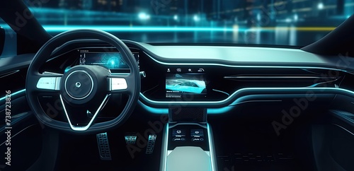 Interior of a futuristic car with electronic controls and dashboard with HUD and hologram screen photo