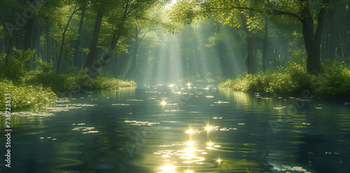 A beautiful fantasy forest with a shiny river running through the middle. Generative AI.