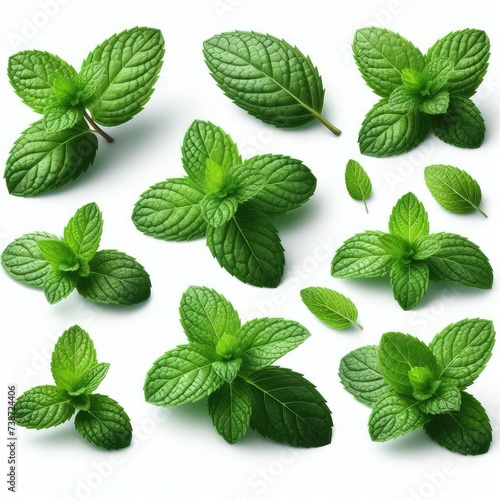 set of green mint leaves isolated on white background