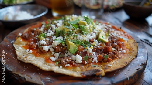 Mexican tlayuda Oaxacan pizza with refried beans, cheese, chorizo, avocado, and salsa on a crispy tortilla photo