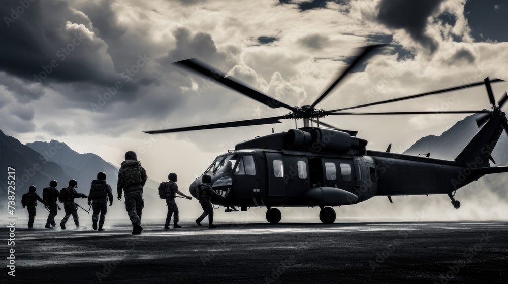 a group of special forces soldiers go into battle under the cover of a helicopter. a group of special forces soldiers go into battle under the cover of a helicopter.