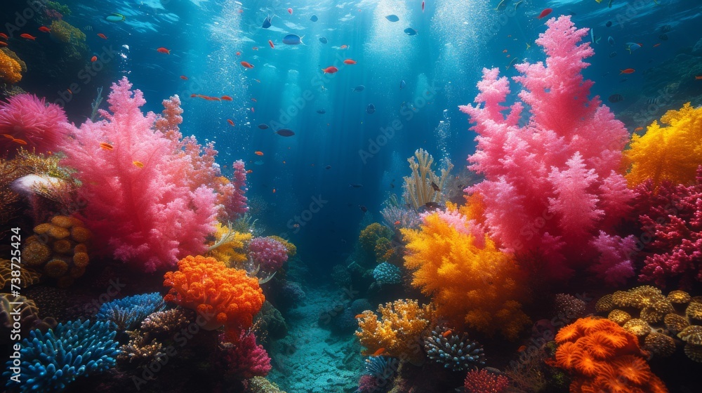 Vivid Coral Reef Teeming with Marine Life: An underwater spectacle of a vivid coral reef bursting with a kaleidoscope of colors and marine life.