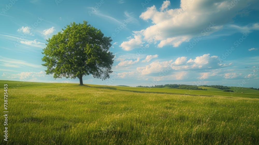 Green meadow with a solitary tree. AI generative. Green meadow with a solitary tree. AI generative.
