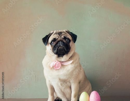 Cute Pug Dressed for Easter, Looking at Camera, Simple, Solid Background © mollyeh
