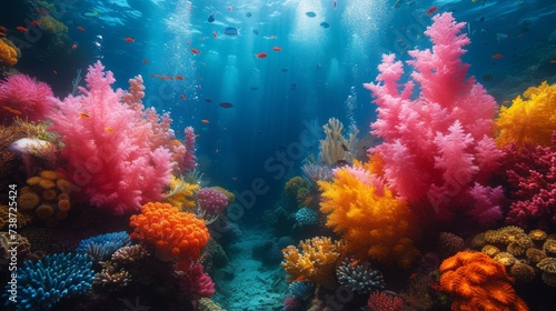 Vivid Coral Reef Teeming with Marine Life  An underwater spectacle of a vivid coral reef bursting with a kaleidoscope of colors and marine life.