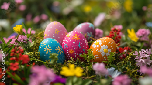 Colorful Easter eggs nestled in a bed of fresh spring flowers, the vivid hues contrasting with the delicate blossoms, symbolizing the renewal of life and nature.