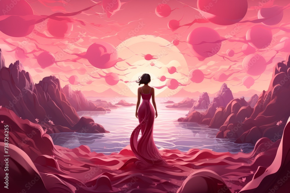 a woman in a red dress is standing in front of a body of water