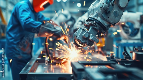 The robotic arm's efficient welding in a factory underscores the transformative impact of automation in industry. photo