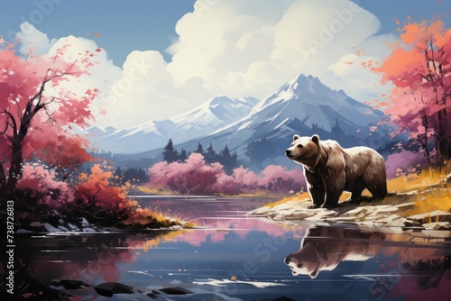 Bear perched on rock near lake, framed by mountains in natural landscape