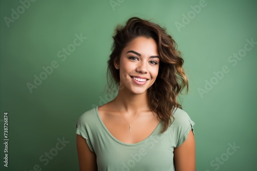 Portrait of a beautiful young happy smiling woman on green background.