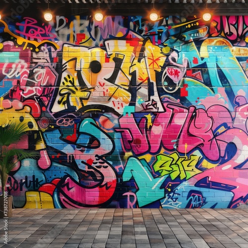 A vibrant, colorful graffiti wall art brings a lively atmosphere to the interior of a modern urban cafe space featuring eclectic seating.