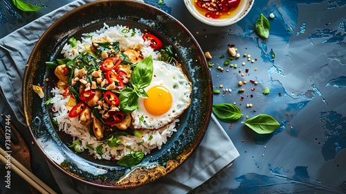 Thai pad kra pao stir-fried basil chicken with chili peppers, garlic, and fish sauce, served with jasmine rice and a fried egg