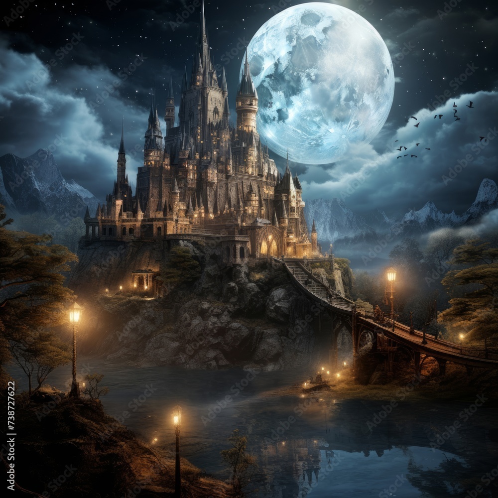 Fantasy Castle Moonlight Sky