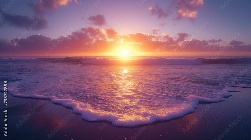 Beautiful golden purple and blue sunset over the calm ocean horizon. Generative AI. - obrazy, fototapety, plakaty 