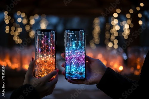 a couple of people are holding two phones in their hands