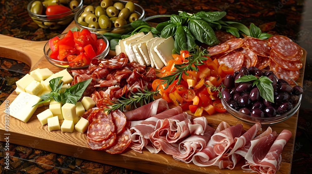 A vibrant antipasto platter featuring cured meats, olives, cheeses, and marinated vegetables